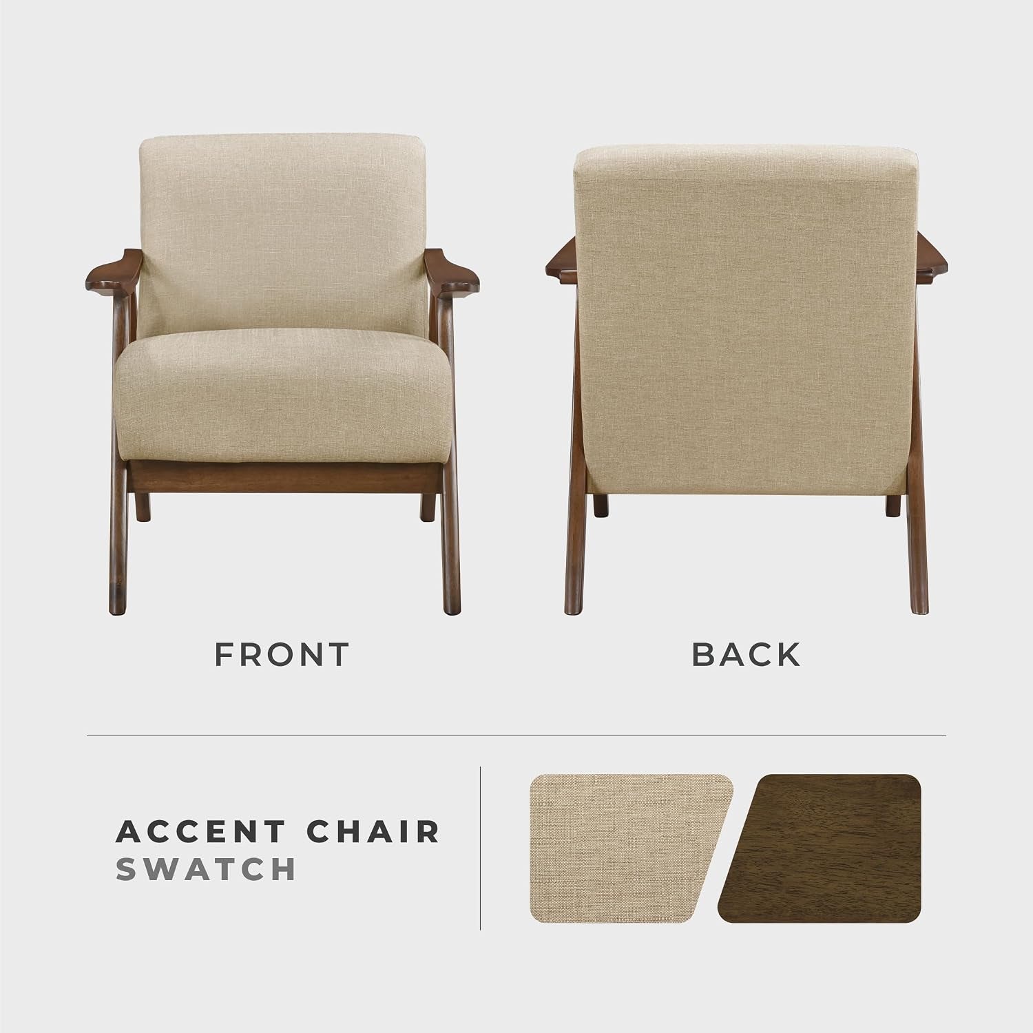 Front and back views of beige linen-look accent chair with walnut legs and curved armrests
