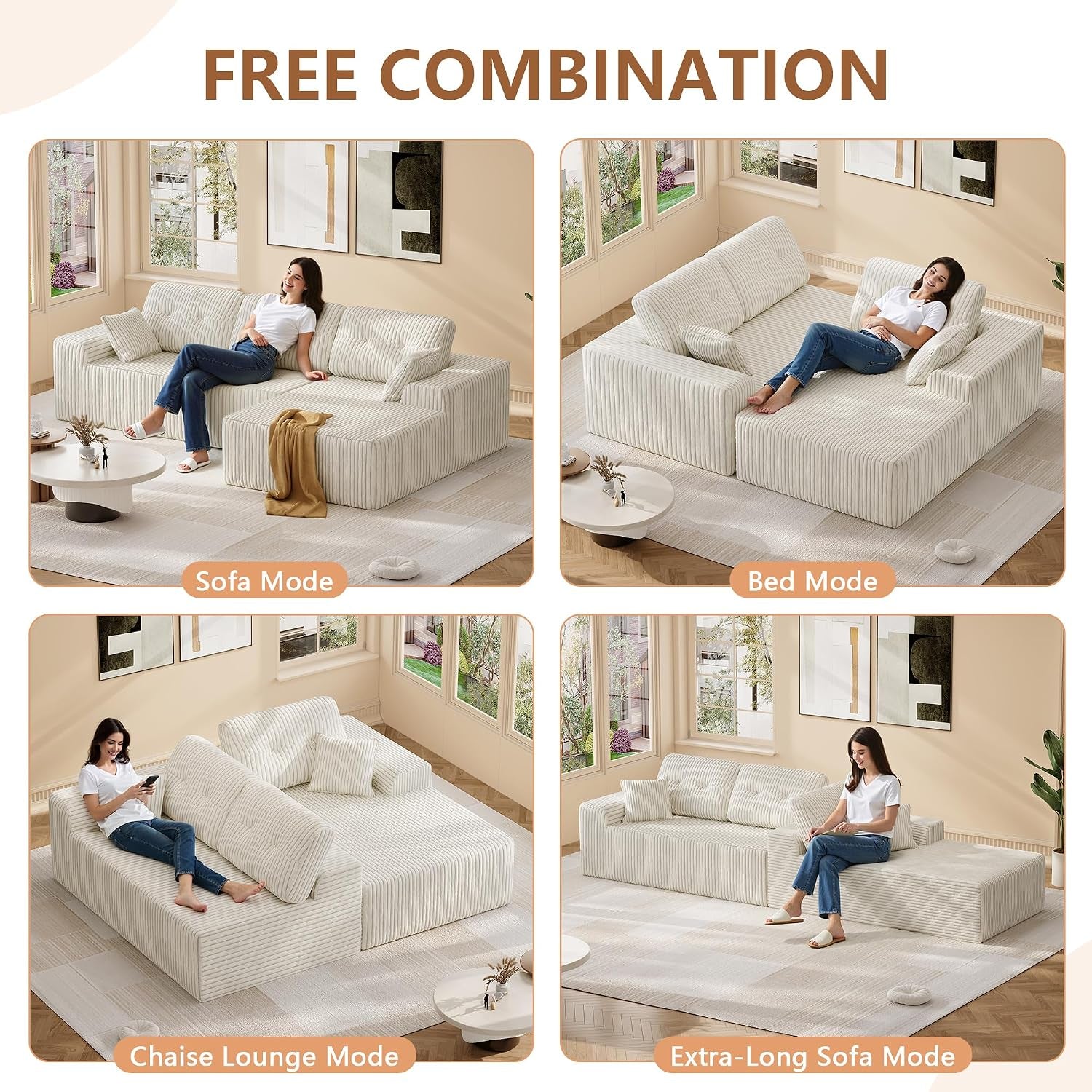 106" L-Shaped Modular Sectional Sofa, Boneless Cloud Couch | with Deep Seat, Corduroy Fabric, 18" Seat Height, 32D Foam & Pocket Spring Support, Right Facing Chaise for Living Room