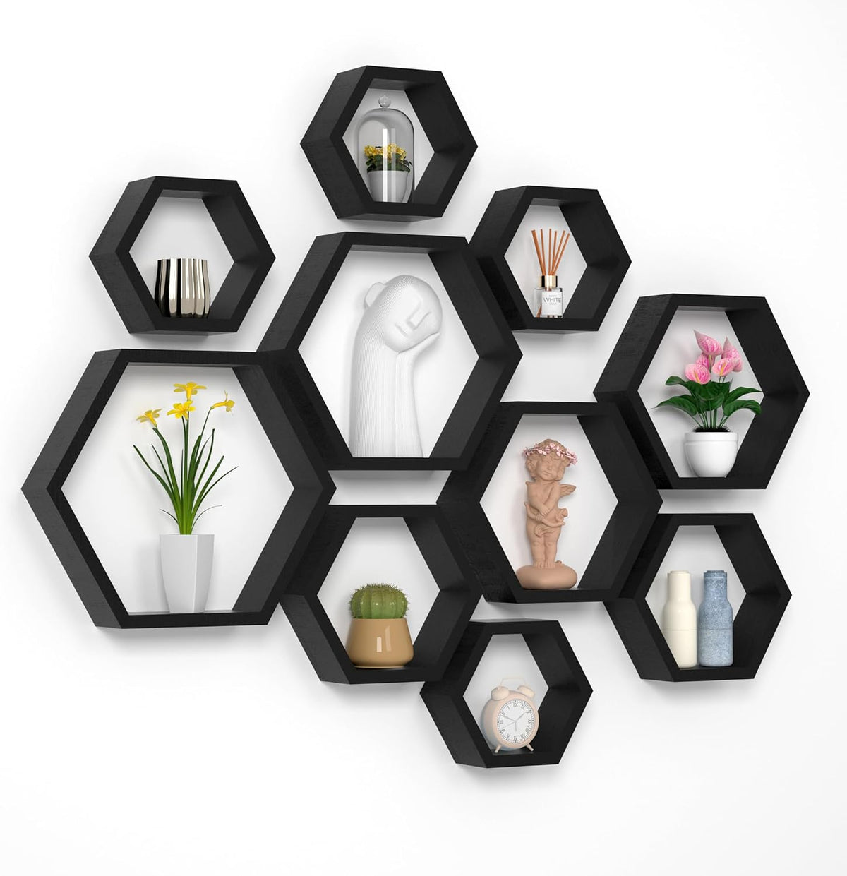 Wall-mounted set of black hexagon floating shelves arranged in a honeycomb pattern with small decor inside