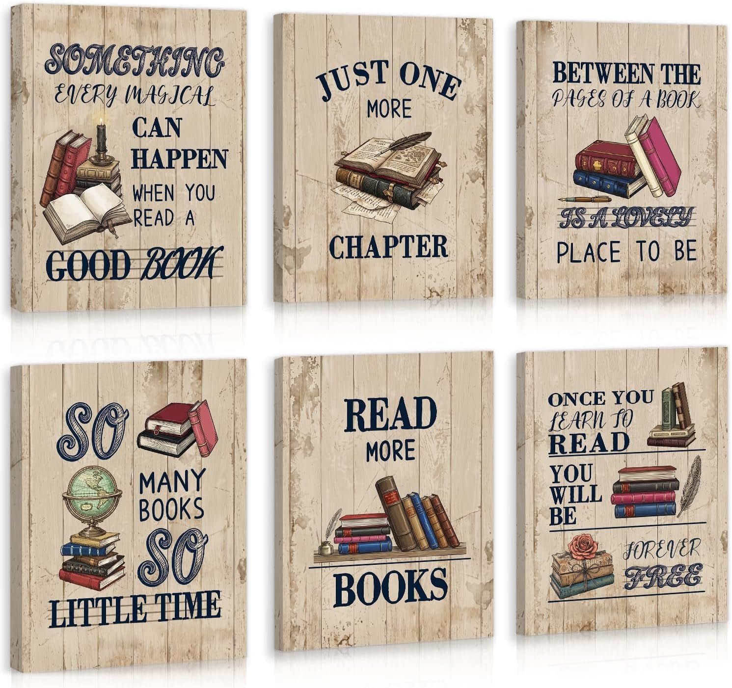 Nine wood-plank style canvases with vintage book illustrations and rustic reading-themed lettering.