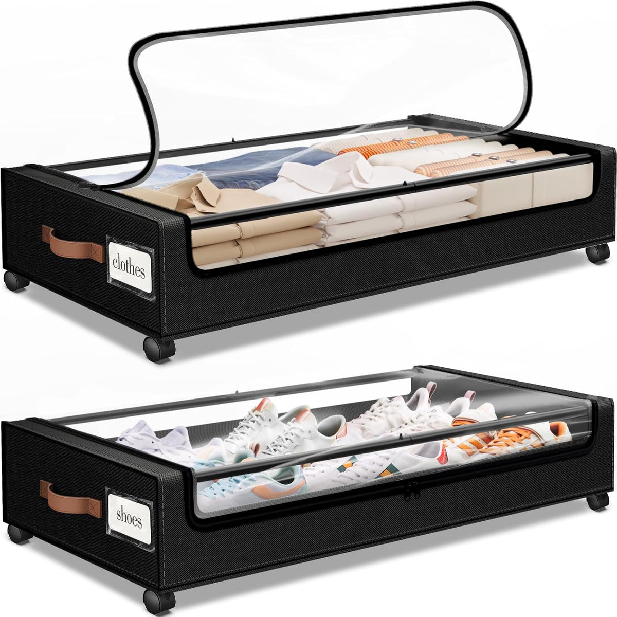 Two underbed storage boxes shown together: one black above and one beige below, both with open clear tops.