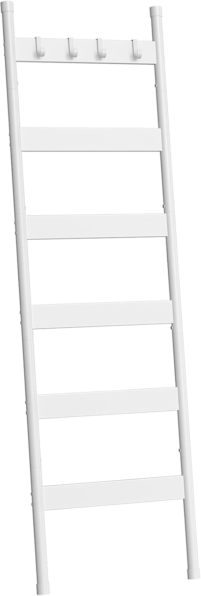 Front view of all-white ladder with four matching white hooks and white metal side rails.