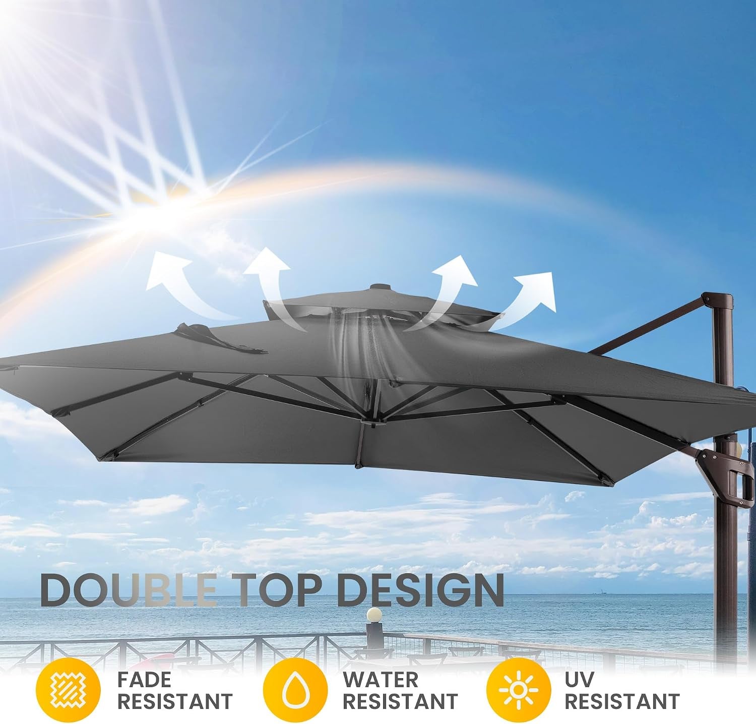 Cantilever umbrella open over a seaside railing, showing the double-top canopy and supporting arm against a blue sky