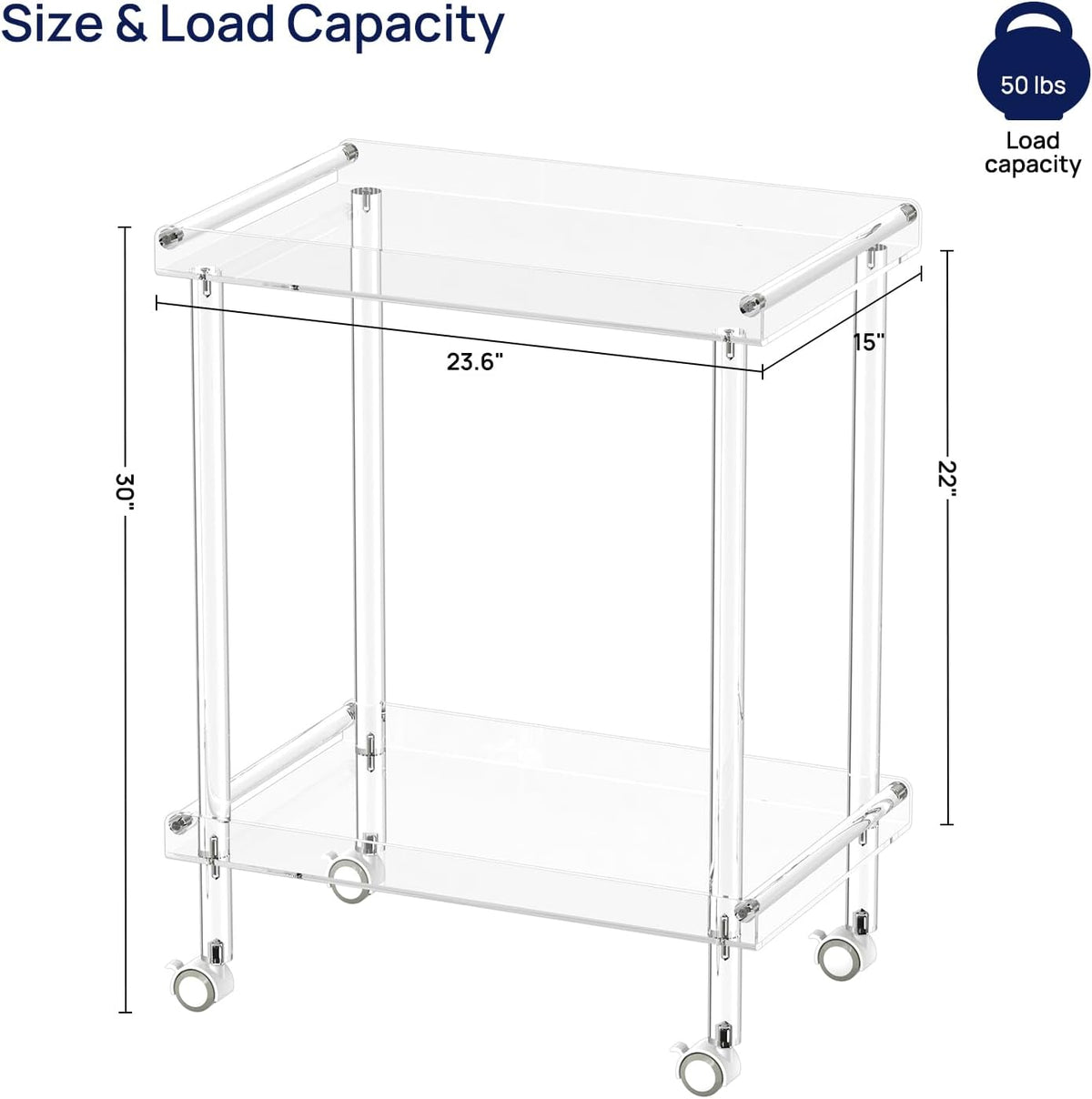 Technical diagram showing cart dimensions 23.6 x 15 x 30 inches and 50 lb load capacity