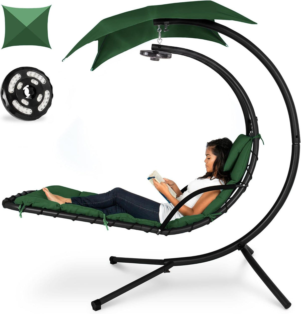 Curved hanging chaise swing in black frame with green cushions and canopy; inset canopy and round LED detail