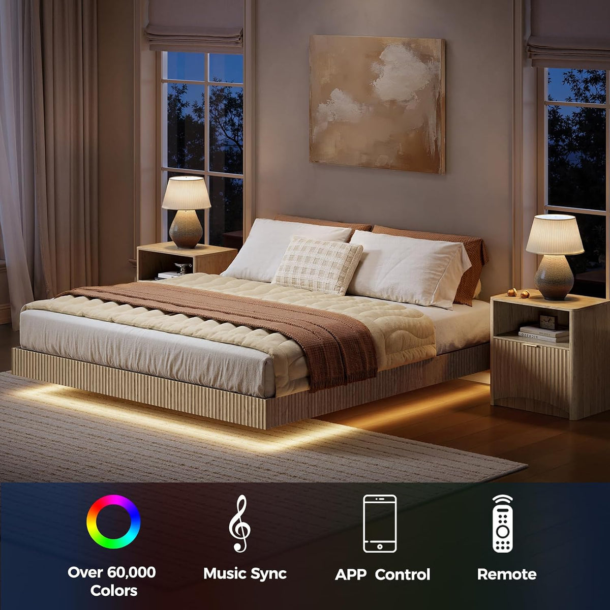 Nighttime angled view of the floating bed showing warm adjustable LED underlighting and two fluted nightstands