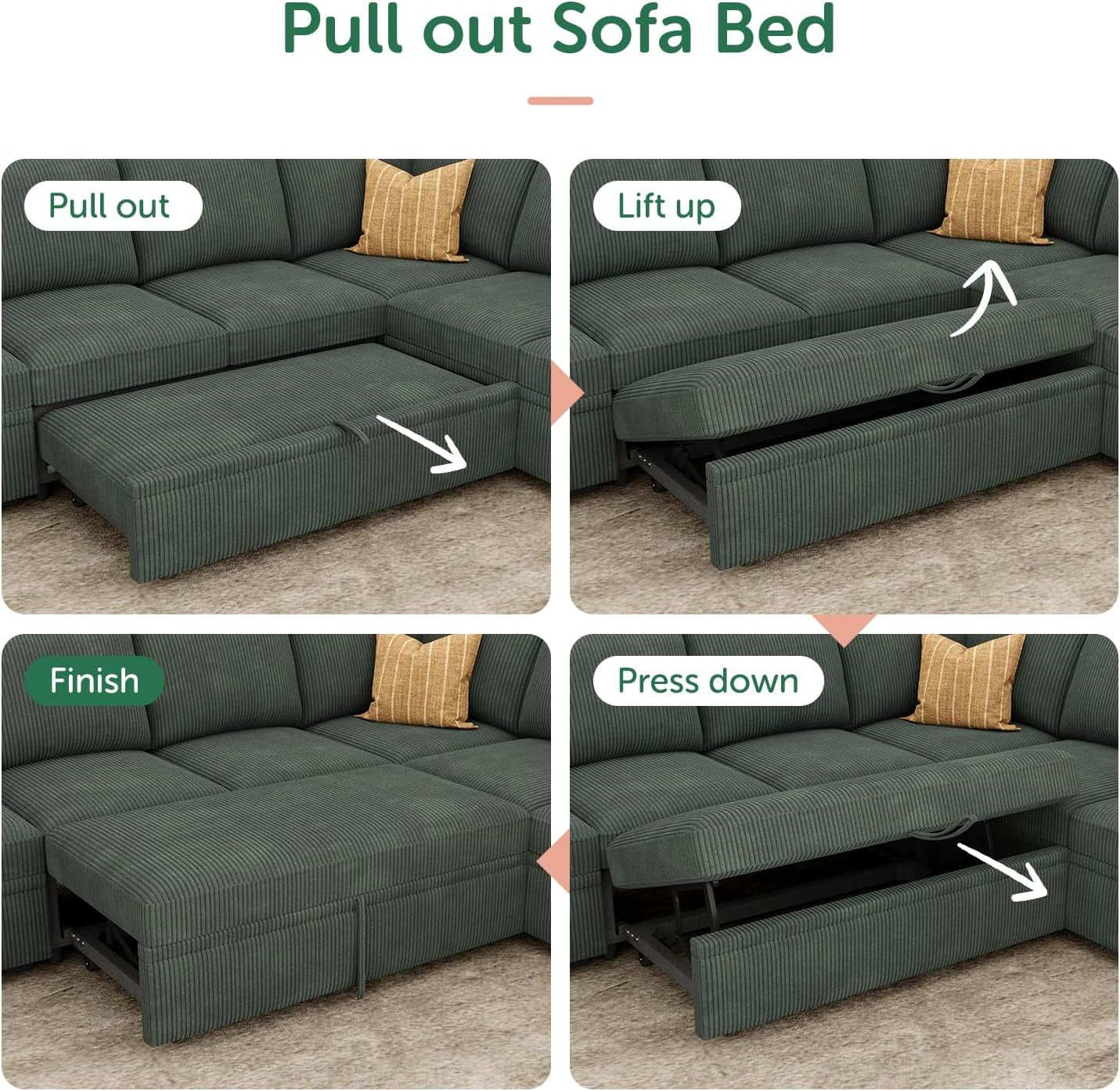 Modular Sectional Sleeper Sofa with Pull Out Bed, Corduroy Couch with Storage Seats Ottoman, U Shaped Sectional Couches for Living Room, Green