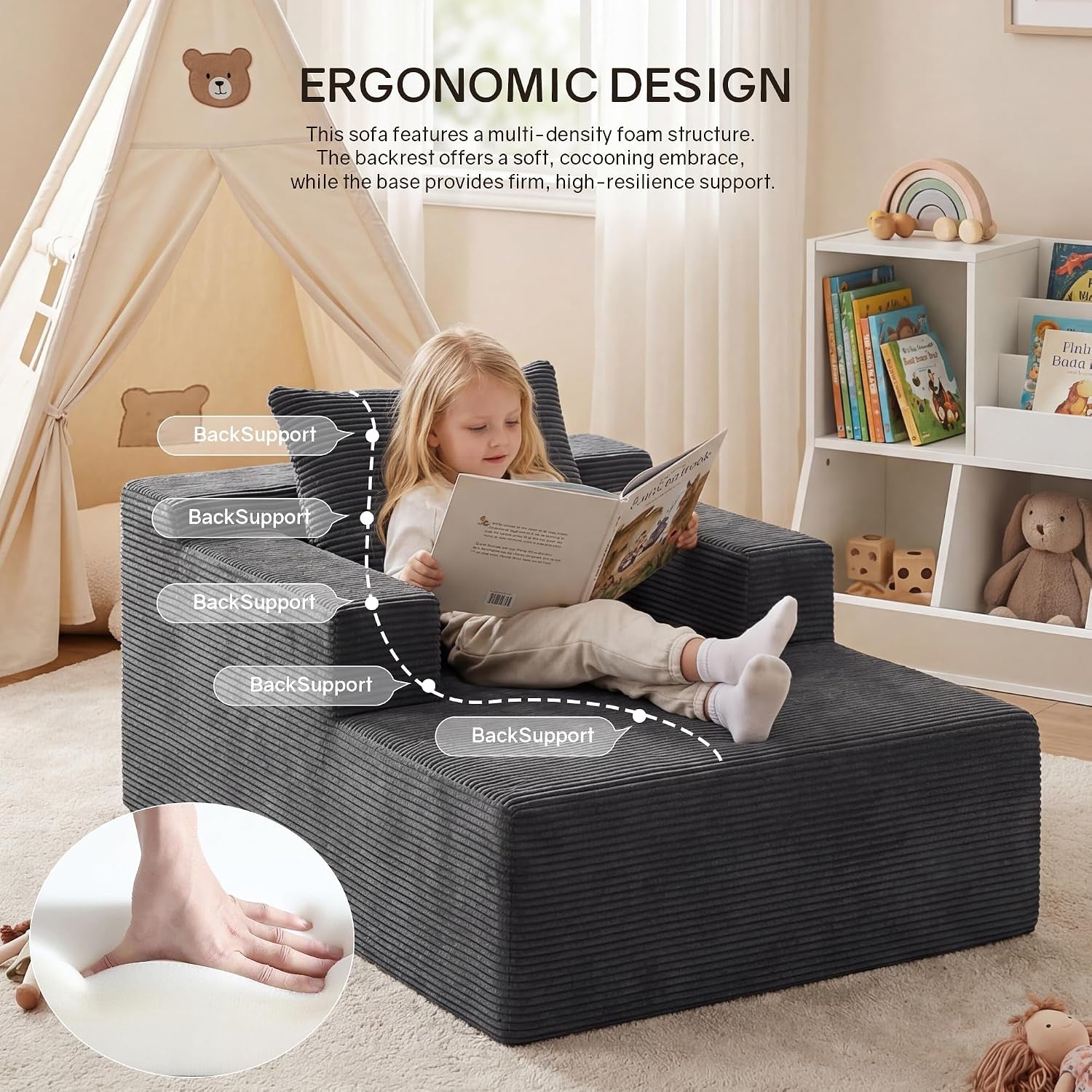 Child reading on the chaise with dotted-line overlays pointing out back support and a circular inset of a hand pressing foam.