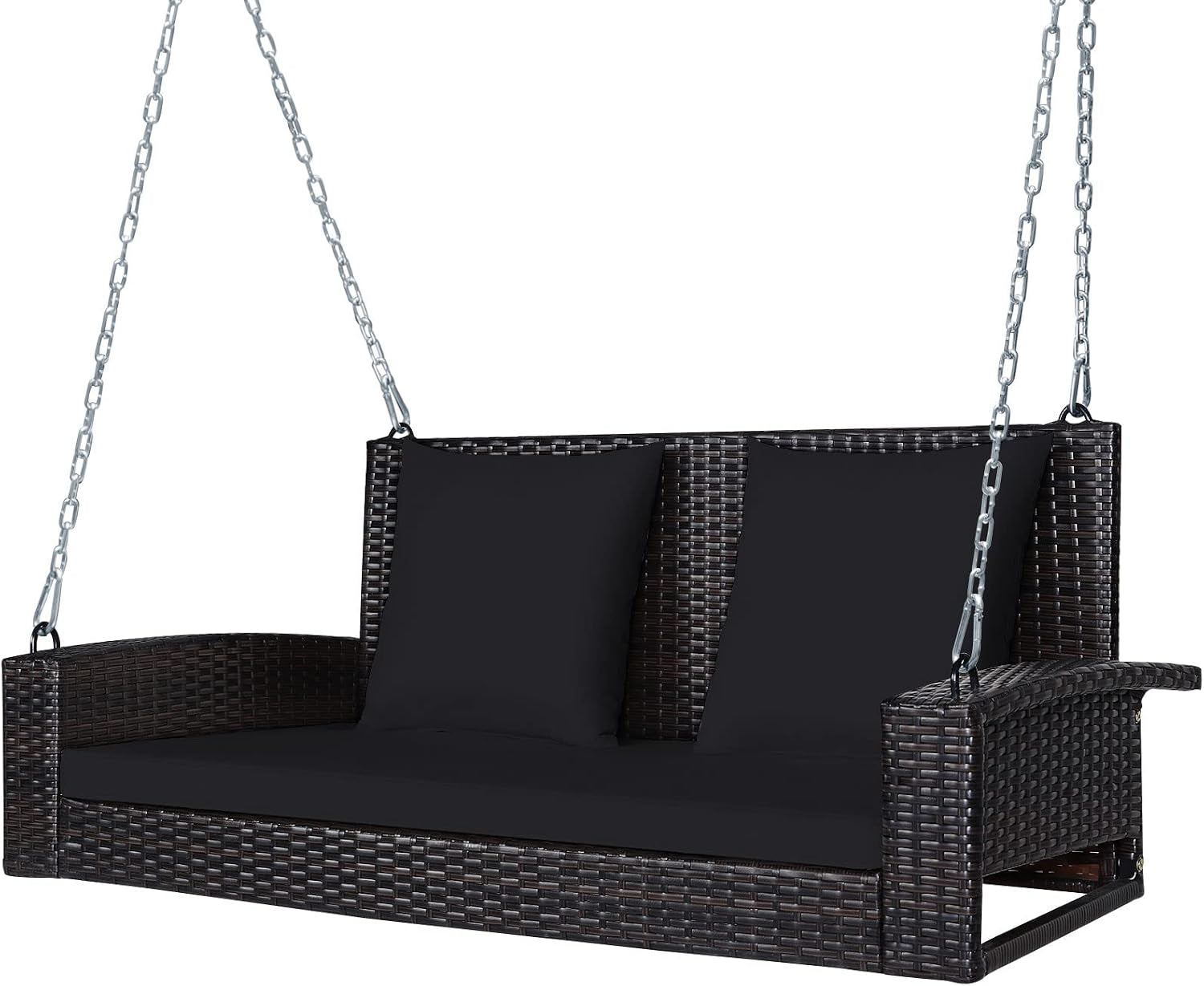 Three-quarter front view of the same dark wicker hanging swing with black seat cushion and black back pillows.