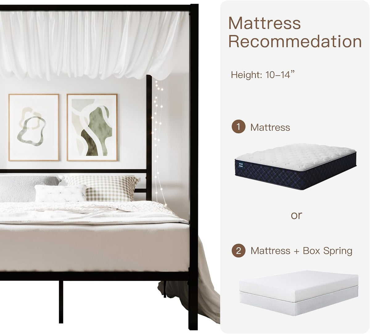 Close-crop of a black canopy bed's left side with draped white fabric and a mattress recommendation panel at right
