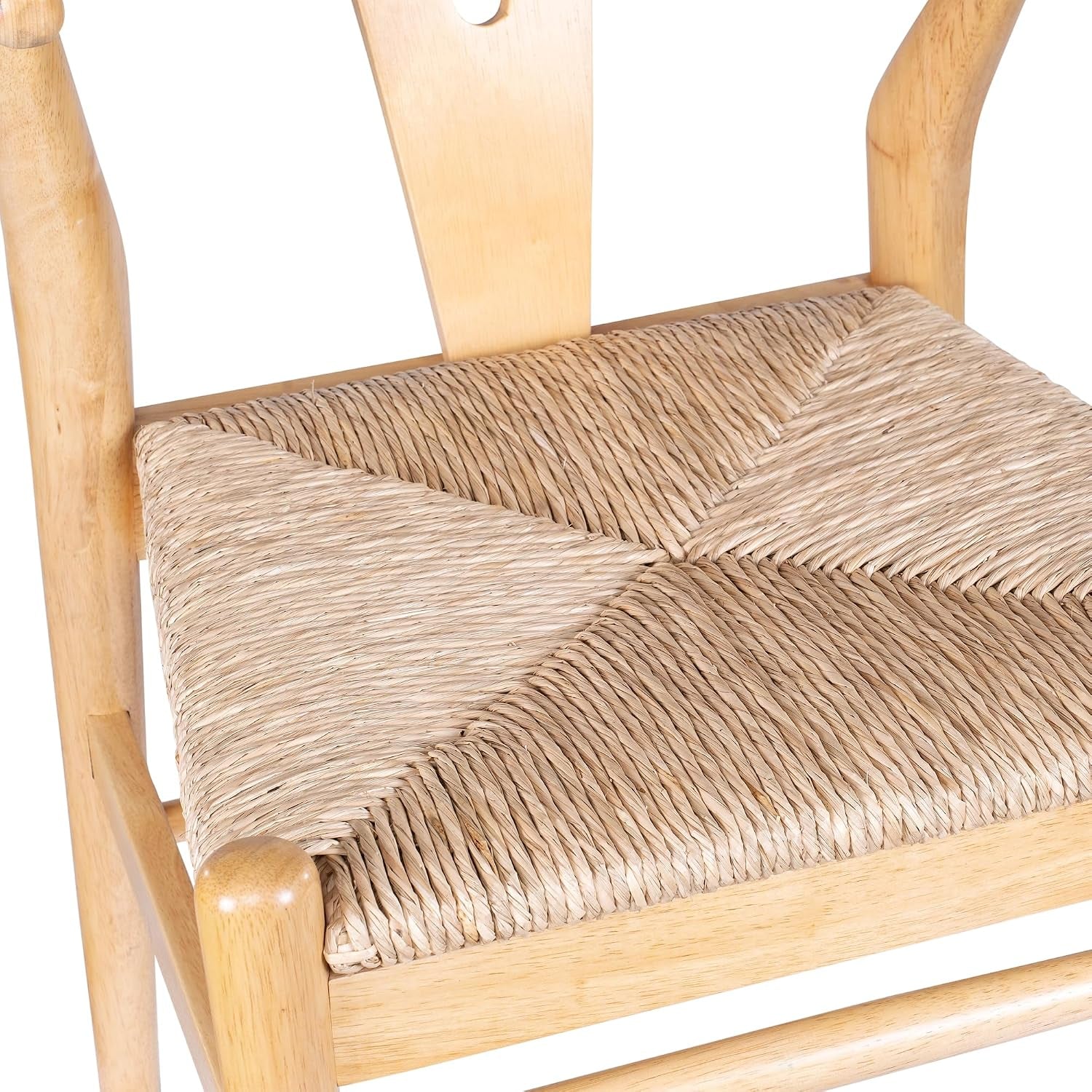 Close-up of the hand-woven paper rope seat showing the diagonal woven pattern and rounded front corner