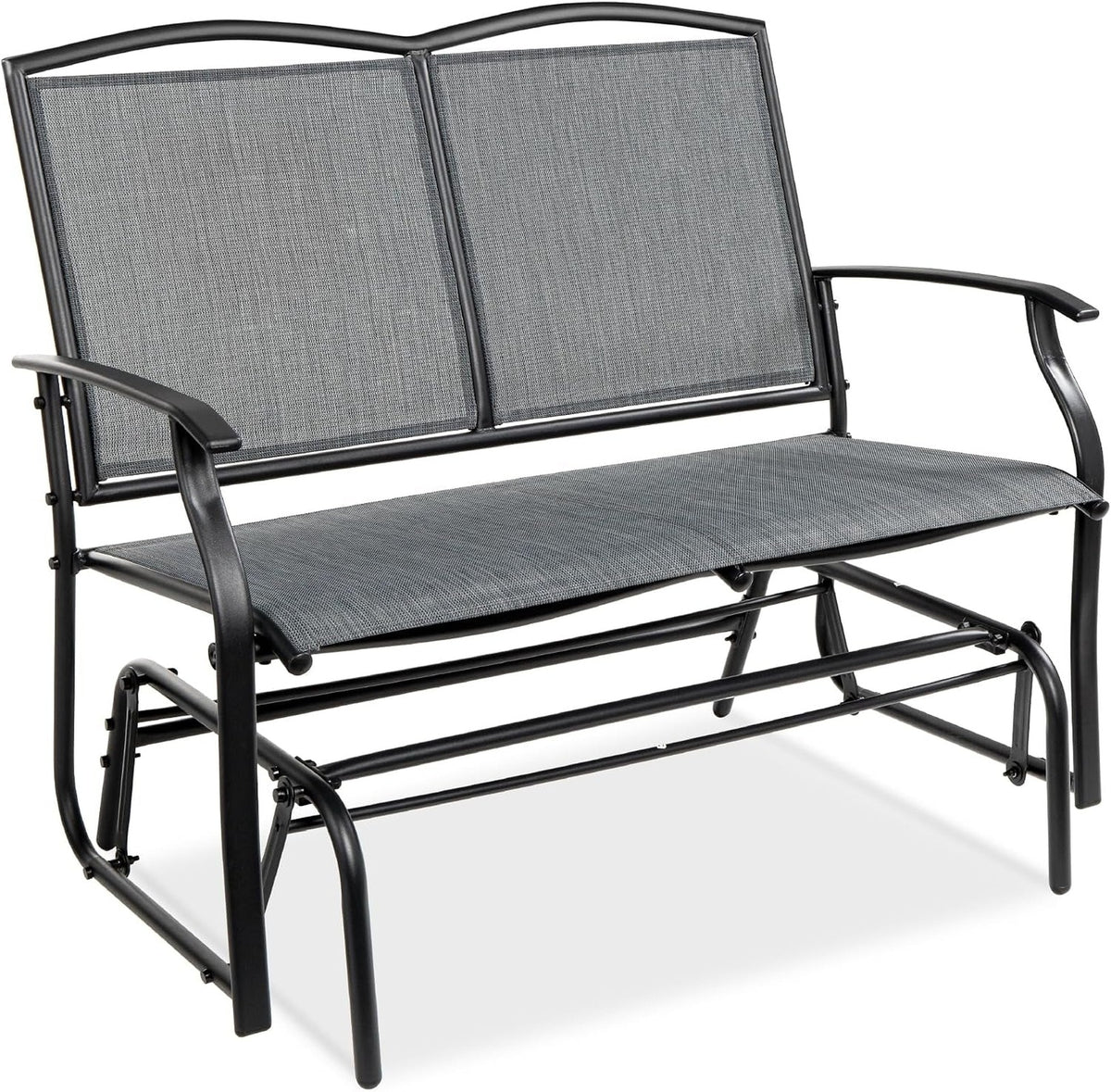 Gray mesh two-seat gliding bench shown against a white background