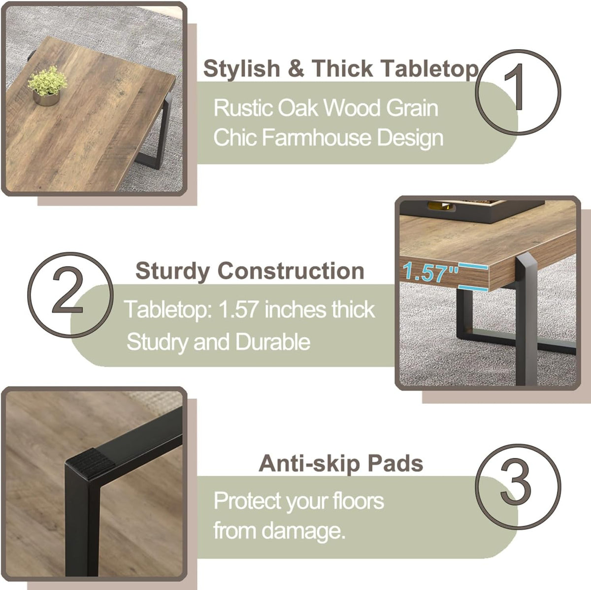 Feature graphic highlighting 1.57-inch thick tabletop, metal leg corner with anti-skip pads and rustic oak finish.