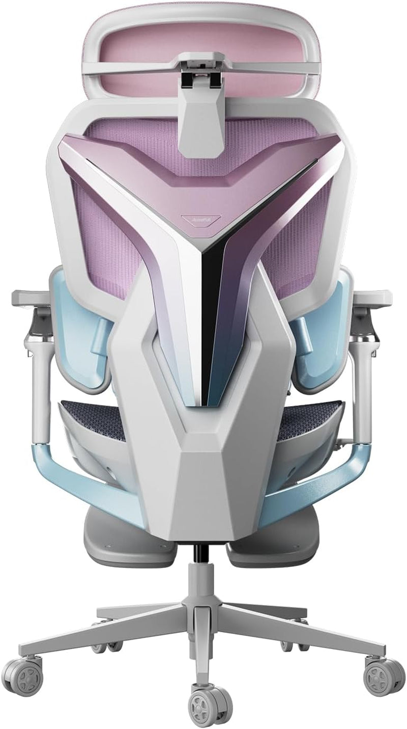 Rear view of the chair in white with pastel pink and light blue accents on the mesh back and frame.