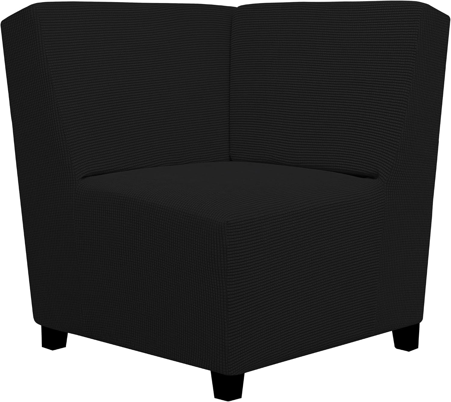 Three-quarter view of a dark gray corner chair cover showing fitted seams and short black legs.
