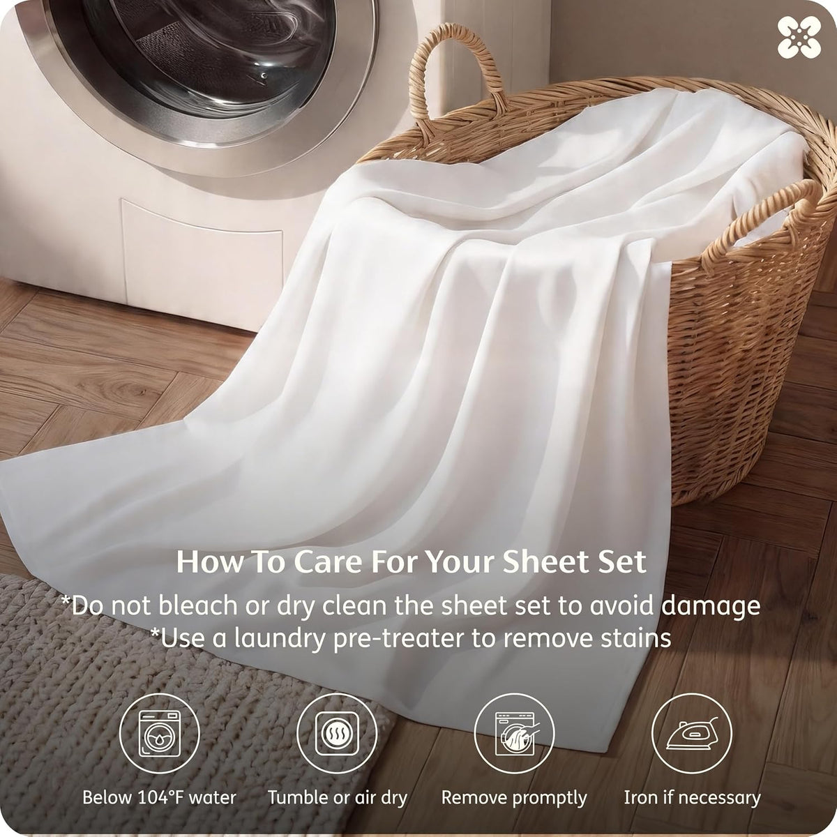 White sheet spilling from a woven laundry basket beside a front-load washer on wood flooring.