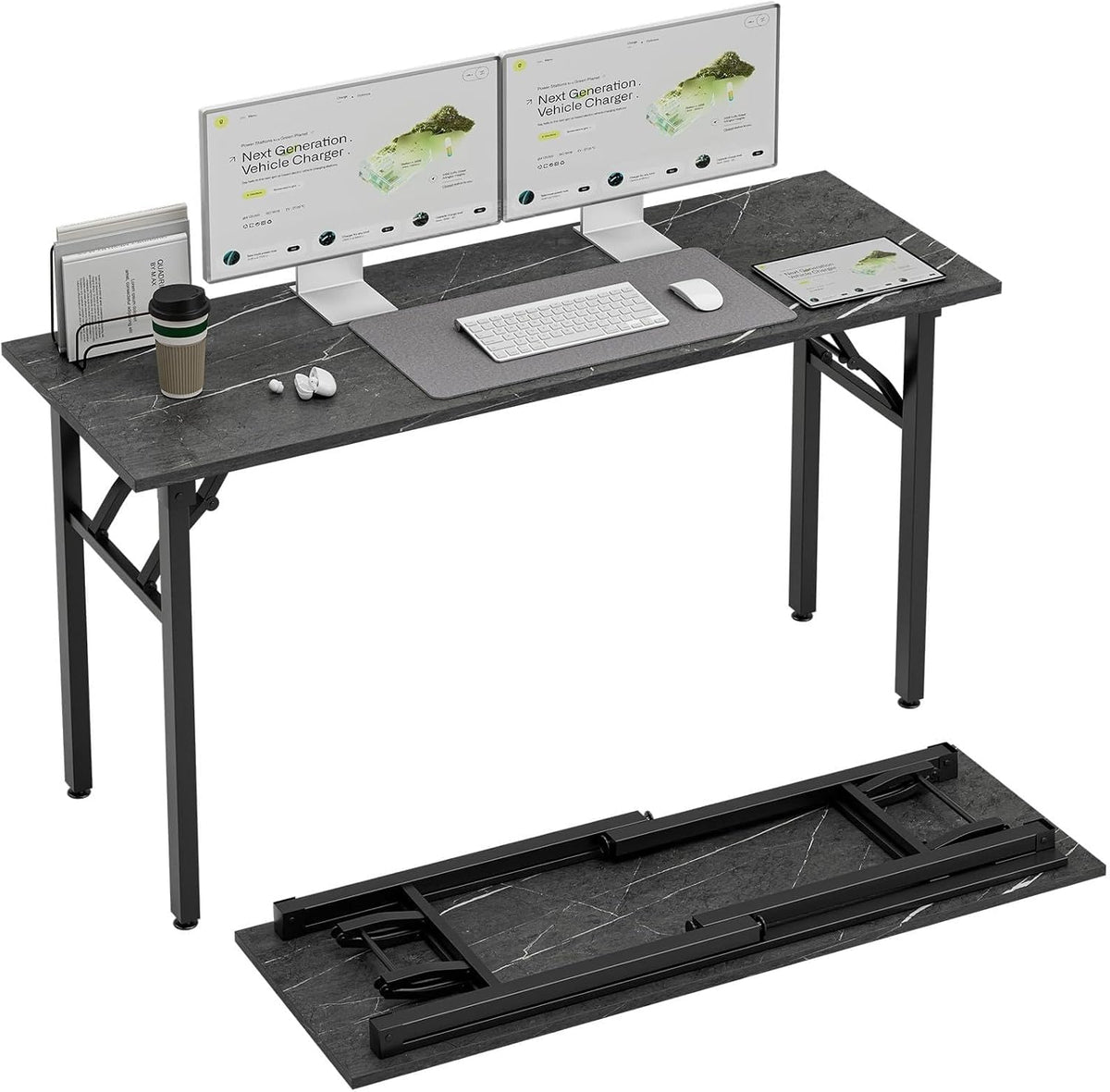 Angled top view of the desk set with dual monitors and accessories, plus the metal leg frame folded flat and placed on the