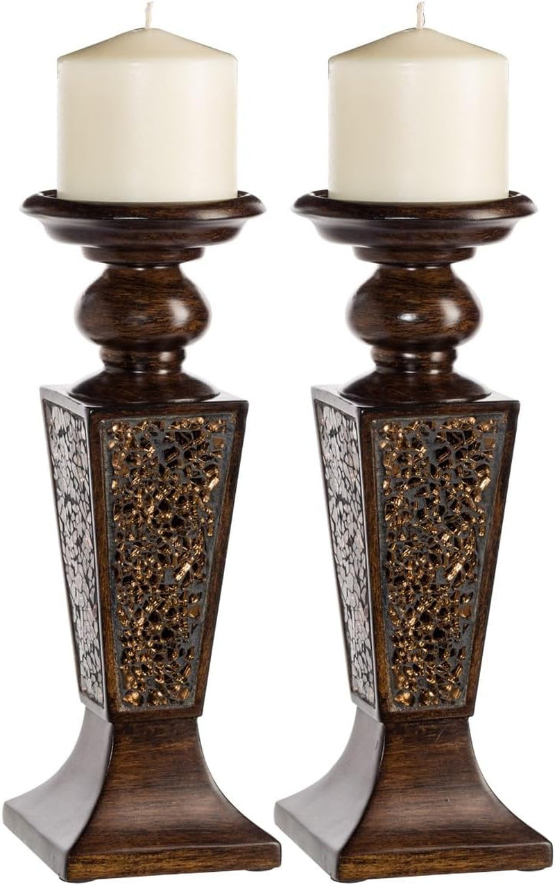 Brown crackled mosaic pair of pillar candle holders with white pillar candles, front view