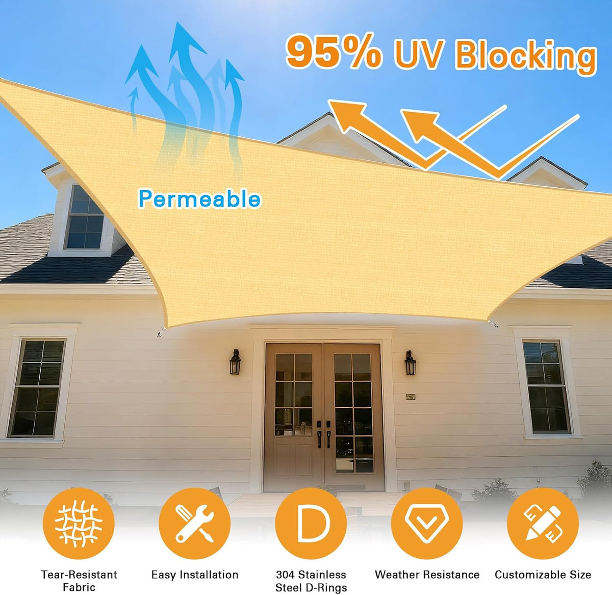 Front view of sand rectangle shade sail stretched over a house entrance with graphics indicating permeability and UV blocking