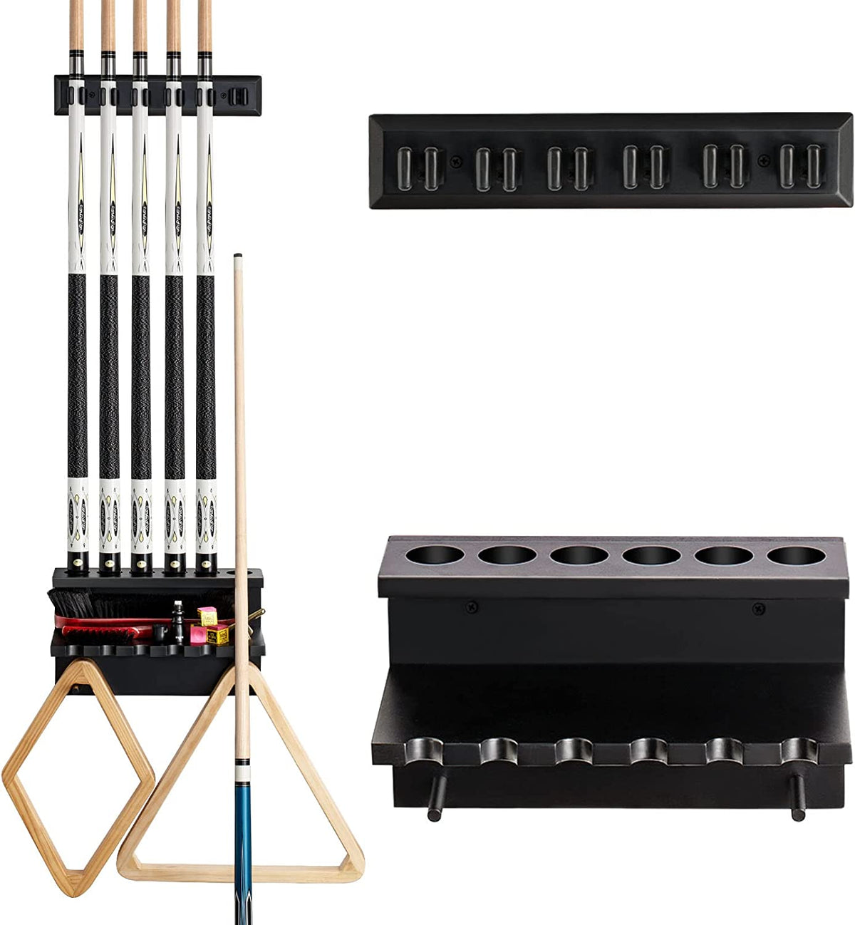 Wall-mounted black cue rack holding five pool cues, lower shelf with brush and chalk, and two wooden triangle racks below.
