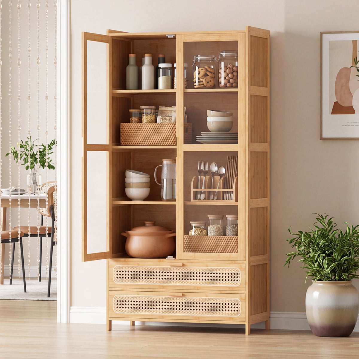 Bamboo bookcase with open clear-panel doors, displayed dishes and baskets, and two woven-front drawers.