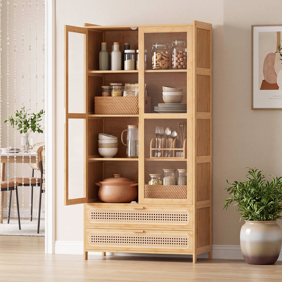 Bamboo bookcase with open clear-panel doors, displayed dishes and baskets, and two woven-front drawers.