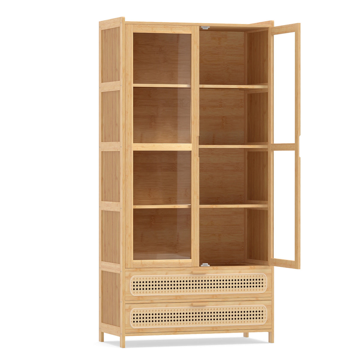 Unfilled bamboo bookcase shown with its clear-panel doors open and two woven-front drawers.