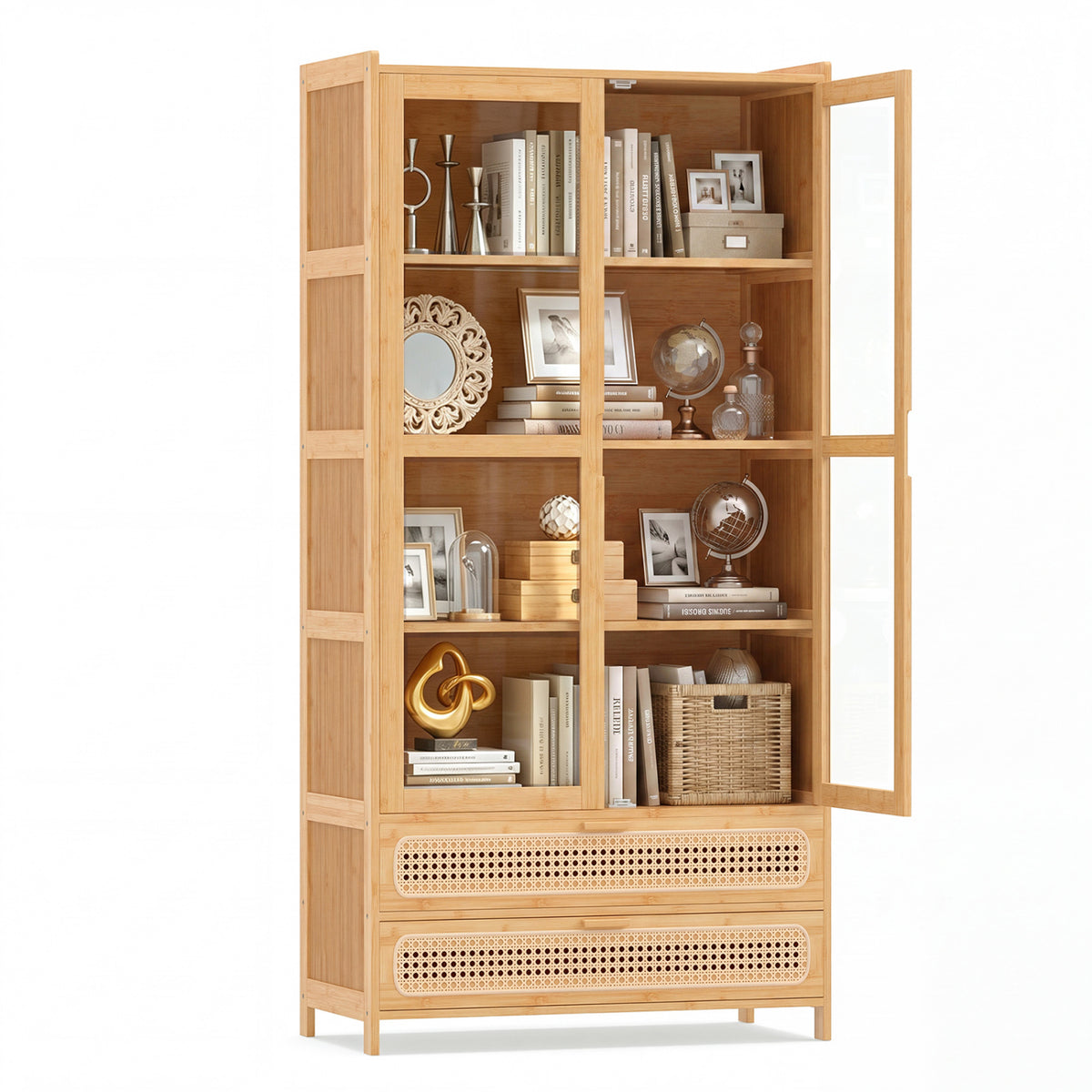 Bamboo bookcase with open clear-panel doors, arranged books, framed photos, ornaments, and a woven basket.