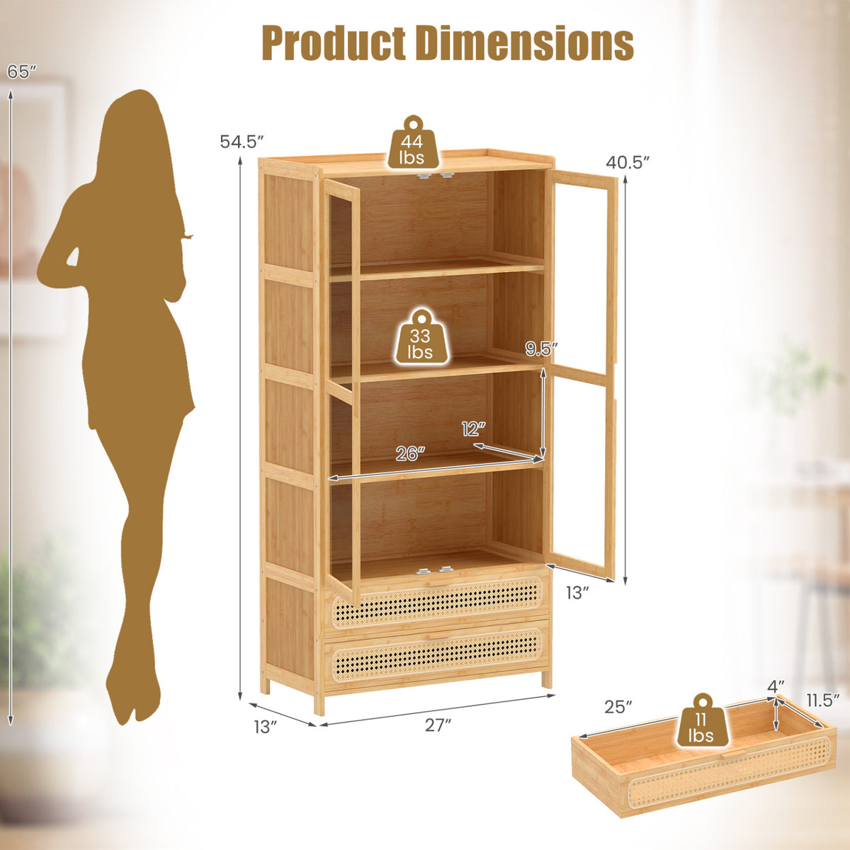 Natural bamboo bookcase with open acrylic doors, two drawers, and dimension callouts beside a human silhouette.