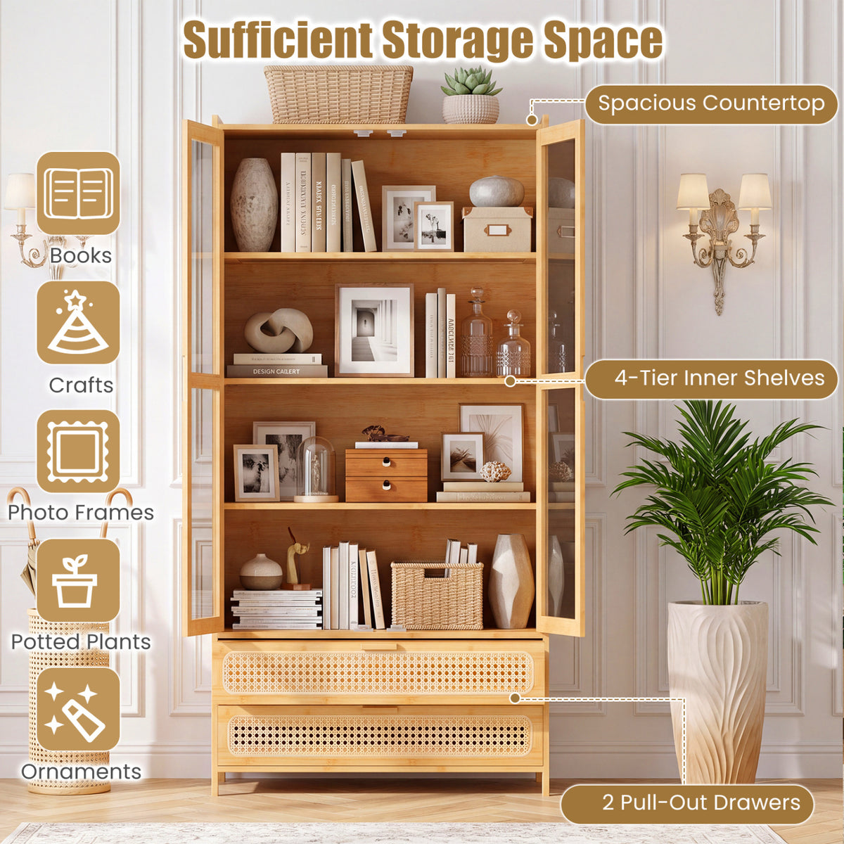 Open natural bamboo bookcase filled with books and decor, with two woven-front drawers and a plant beside it.