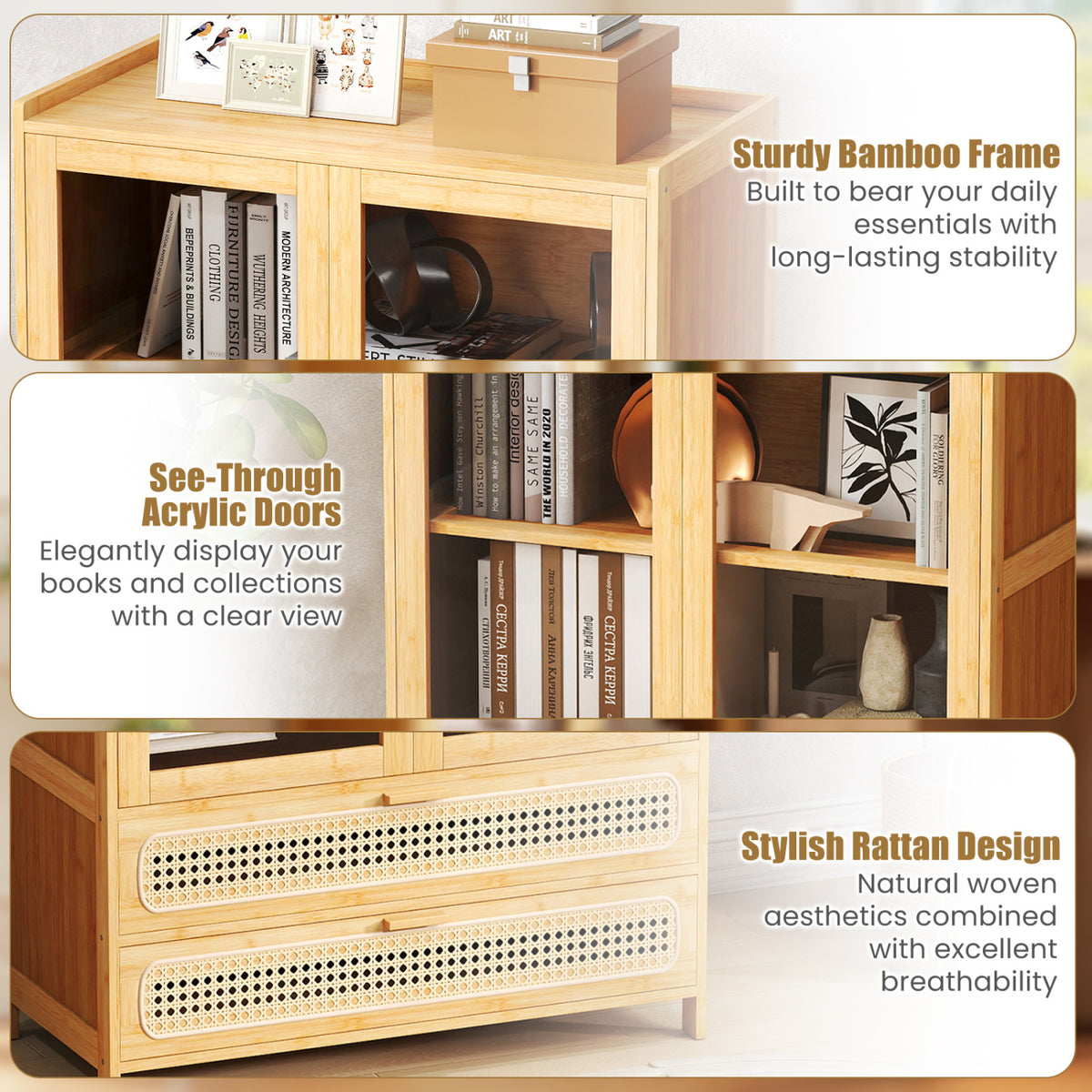 Three close-up panels show the bamboo frame, clear doors over the shelves, and woven fronts on the two drawers.