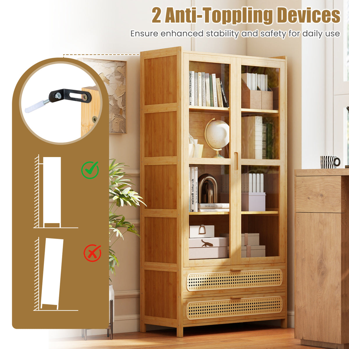 Natural bamboo bookcase with glassy clear doors and woven-front drawers, alongside an inset of a wall attachment and