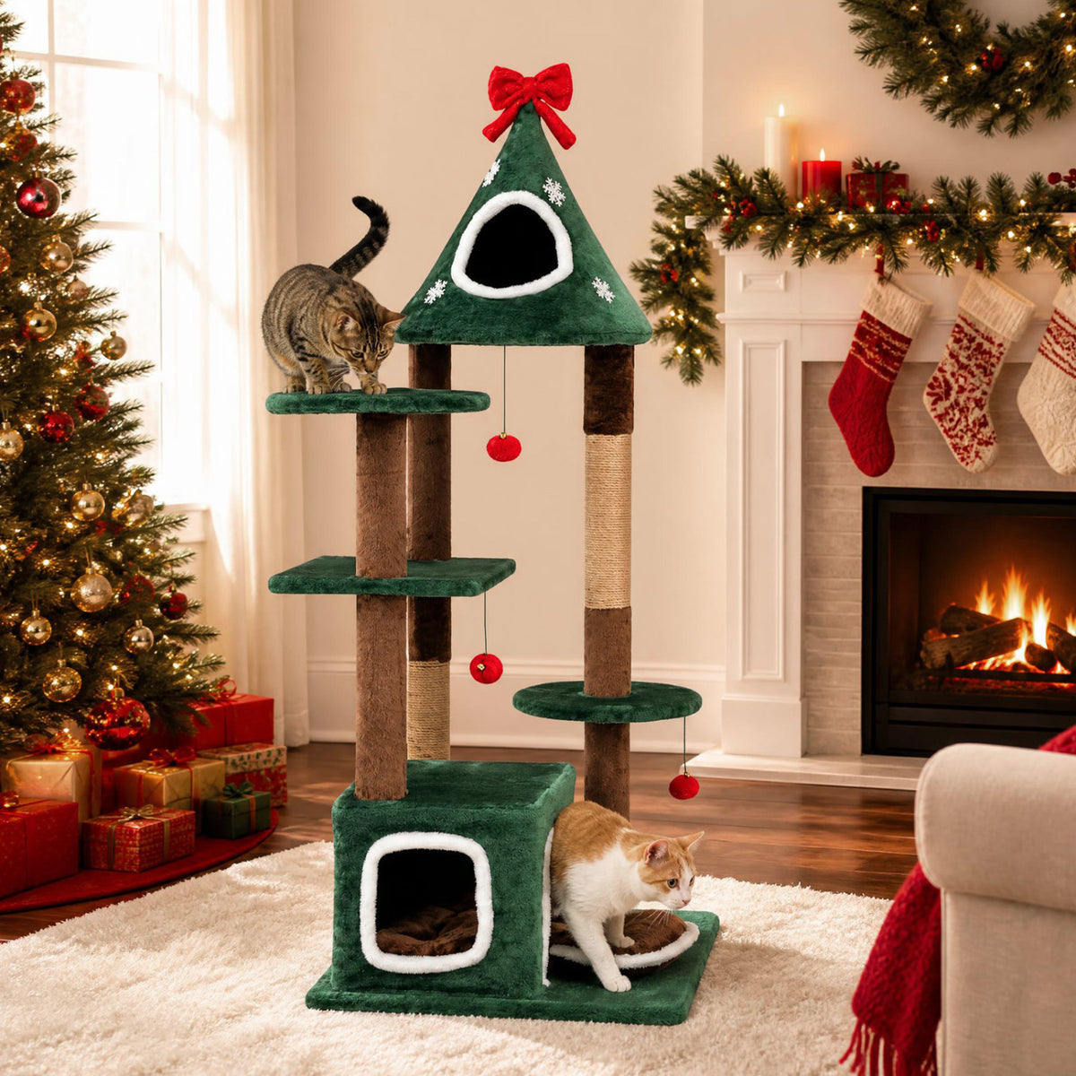 Green Christmas cat tree with two cats beside a decorated holiday fireplace