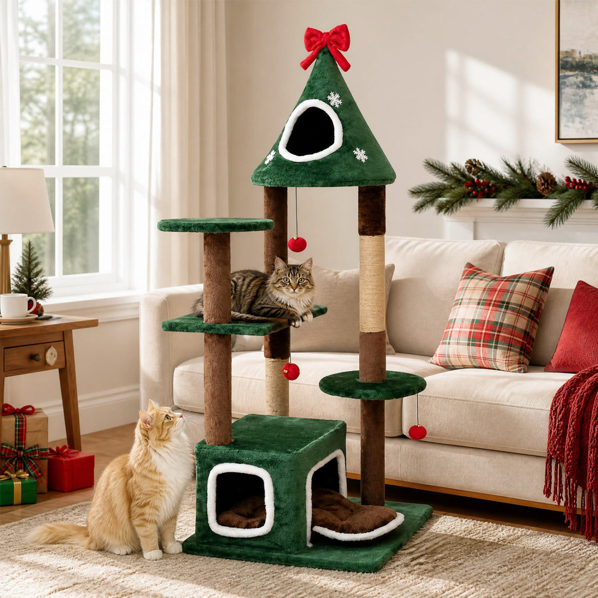 Green Christmas tree-shaped cat tree with cats on platforms in a living room