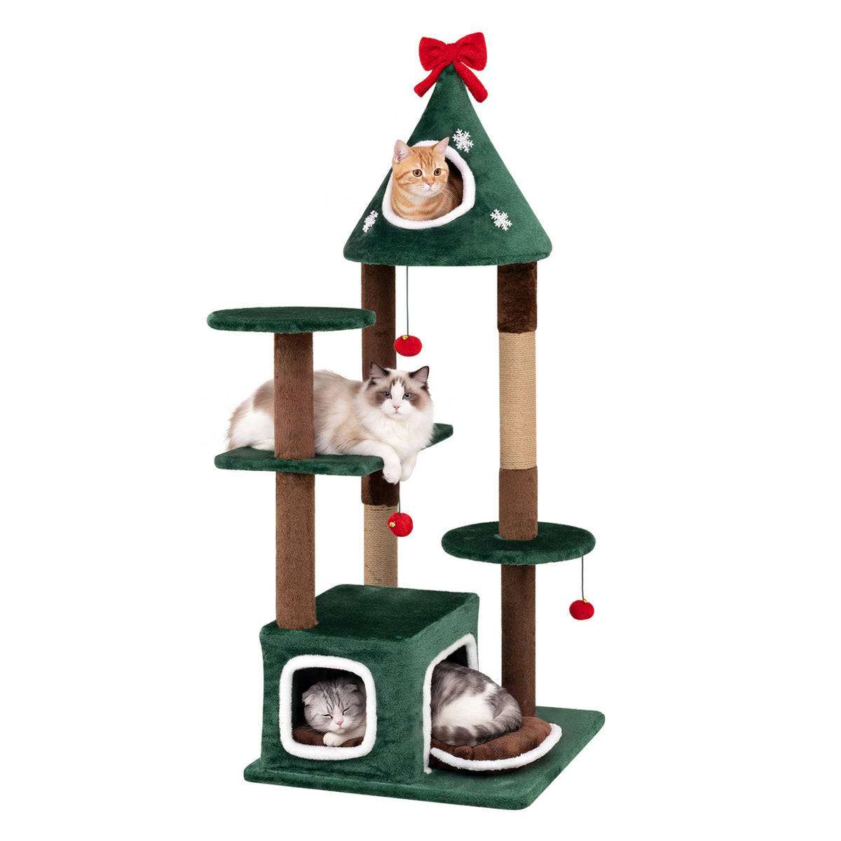 Green Christmas cat tree with several cats resting in its condos and on platforms