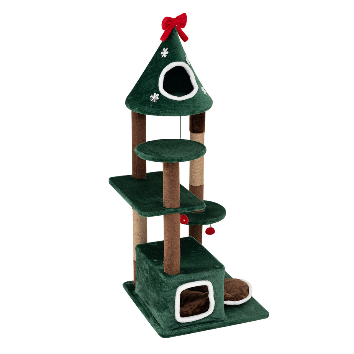 Green Christmas cat tree shown alone from an angled front view