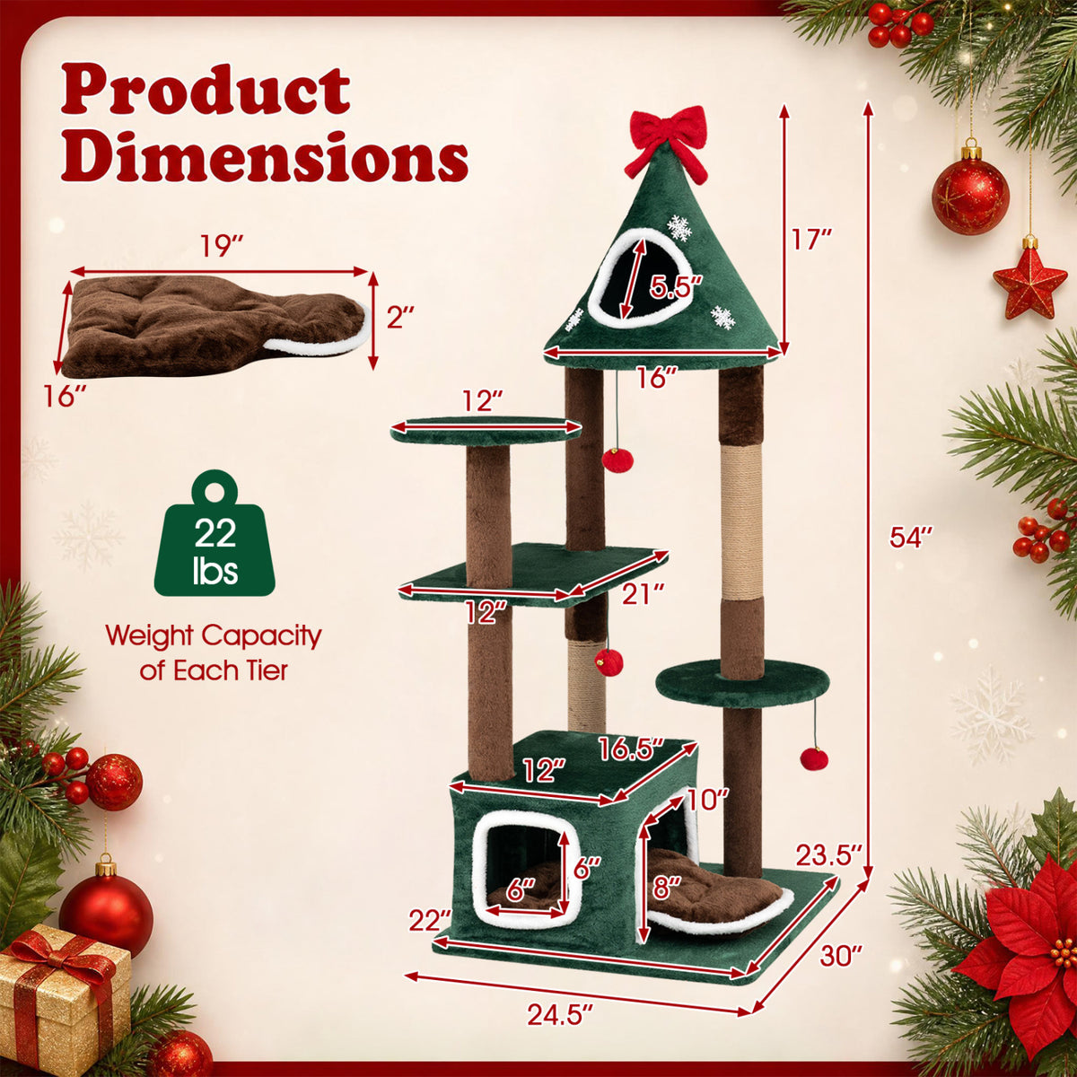 Green Christmas cat tree with labeled dimensions and removable cushion diagram