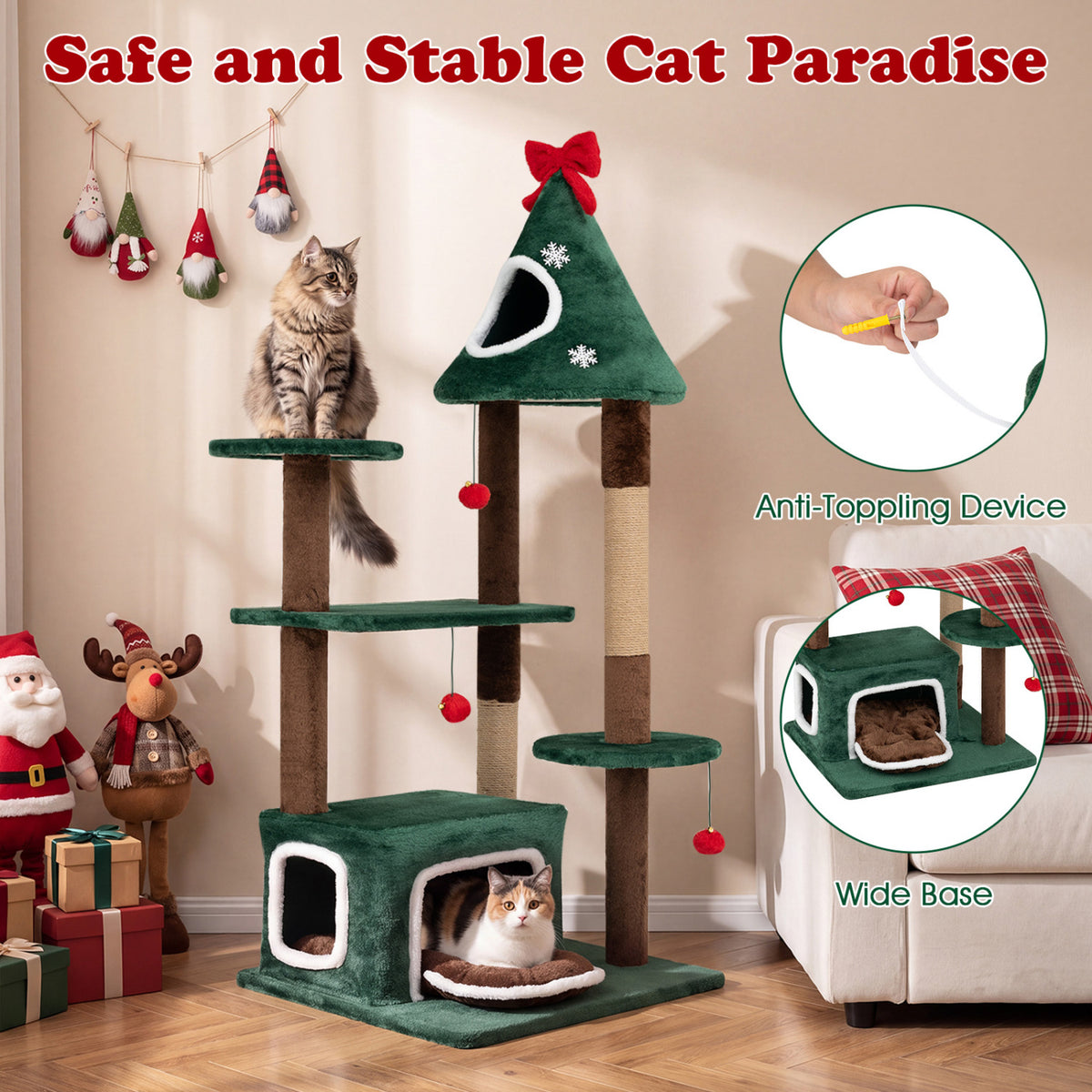 Green Christmas cat tree with anti-toppling attachment inset and wide base