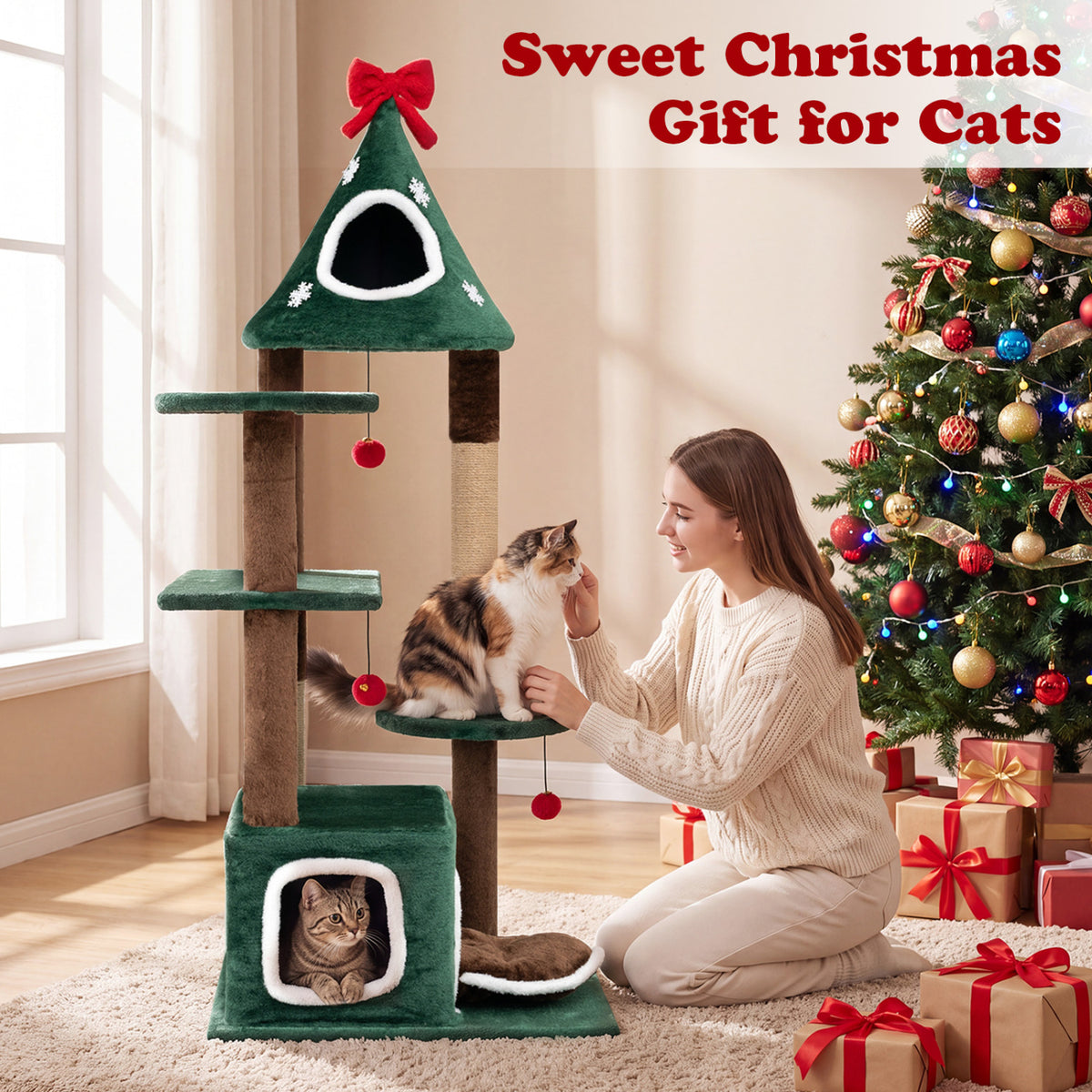 Green Christmas cat tree beside a decorated tree, with two cats and a woman in a festive living room.