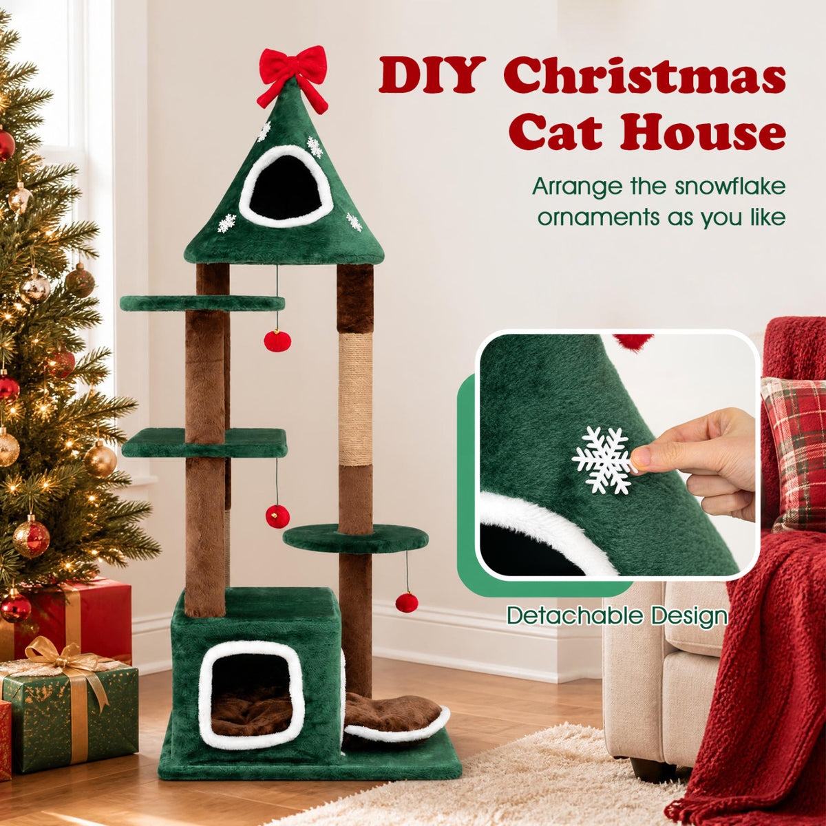 Green cat tree with a close-up of a hand attaching a snowflake ornament to its triangular top.