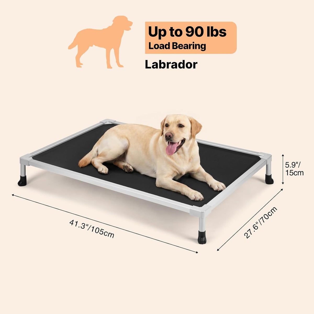 Dimension diagram of the elevated bed with a dog on top showing 41.3" length, 27.6" width and 5.9" height