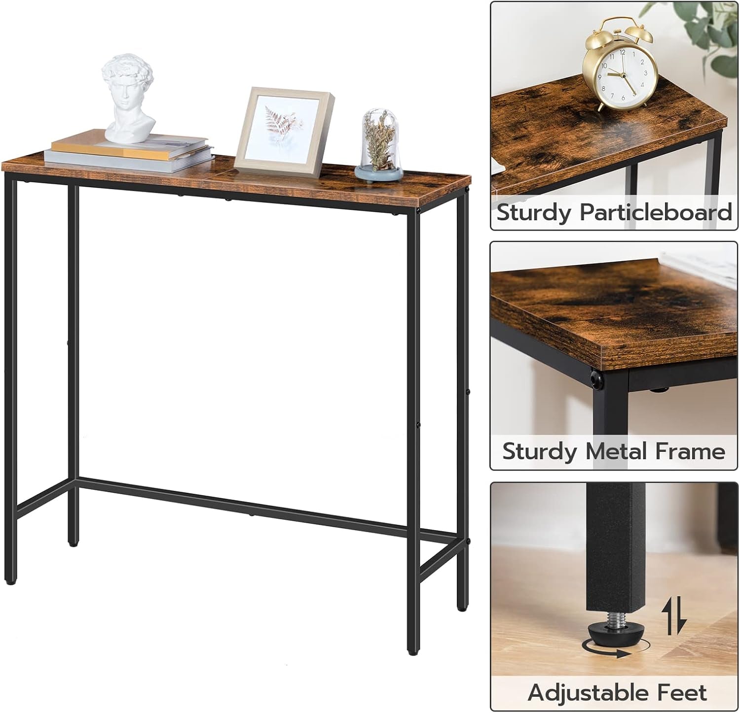 Narrow console table with rustic wood top and slim black metal frame, shown with small decor and three close-up insets.