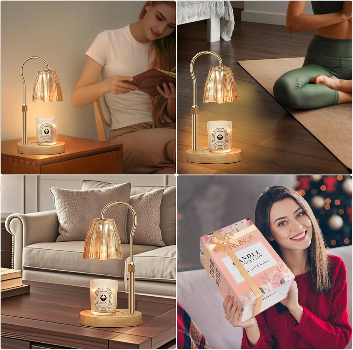 Four lifestyle images showing the candle warmer lamp in living room and bedroom scenes and a gift presentation