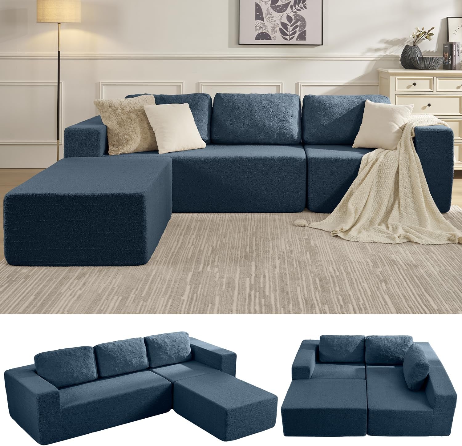 Deep blue modular sectional with left chaise in a staged room; two small alternate layout images underneath.