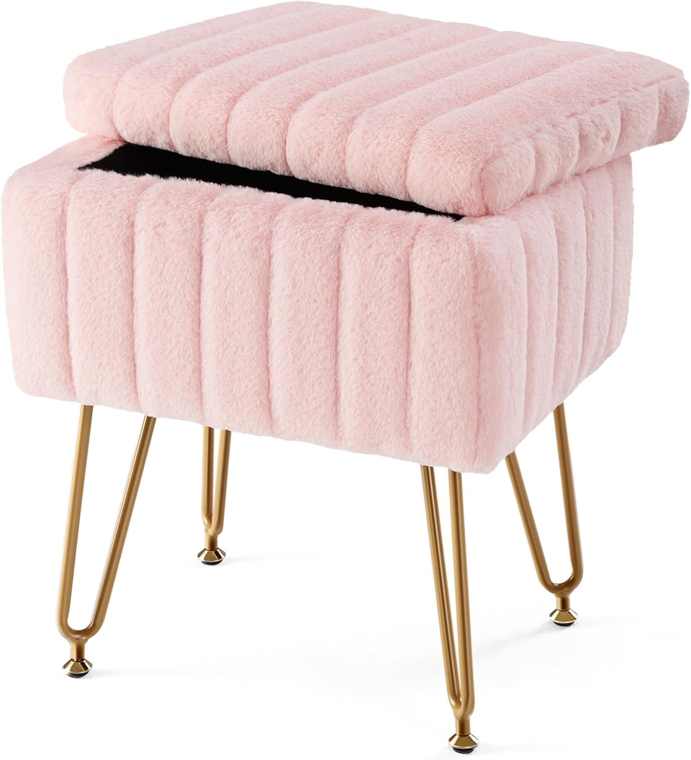 Isolated pink faux-fur storage stool with hinged top slightly open, showing dark interior and gold legs