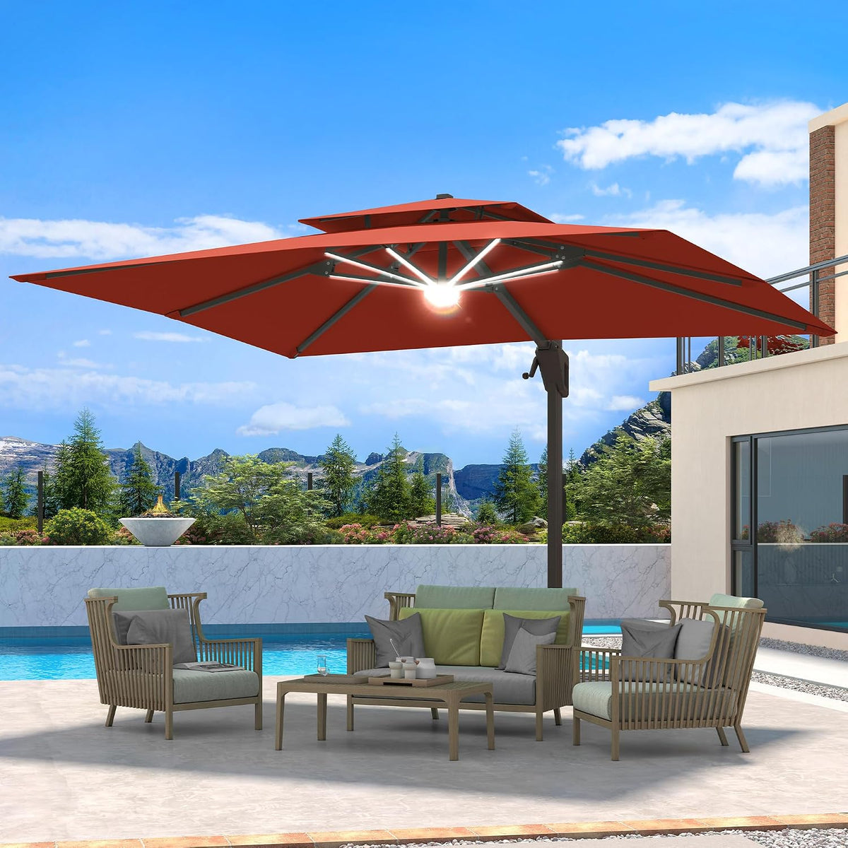 Red cantilever umbrella with integrated lights shading outdoor sofa set beside a pool