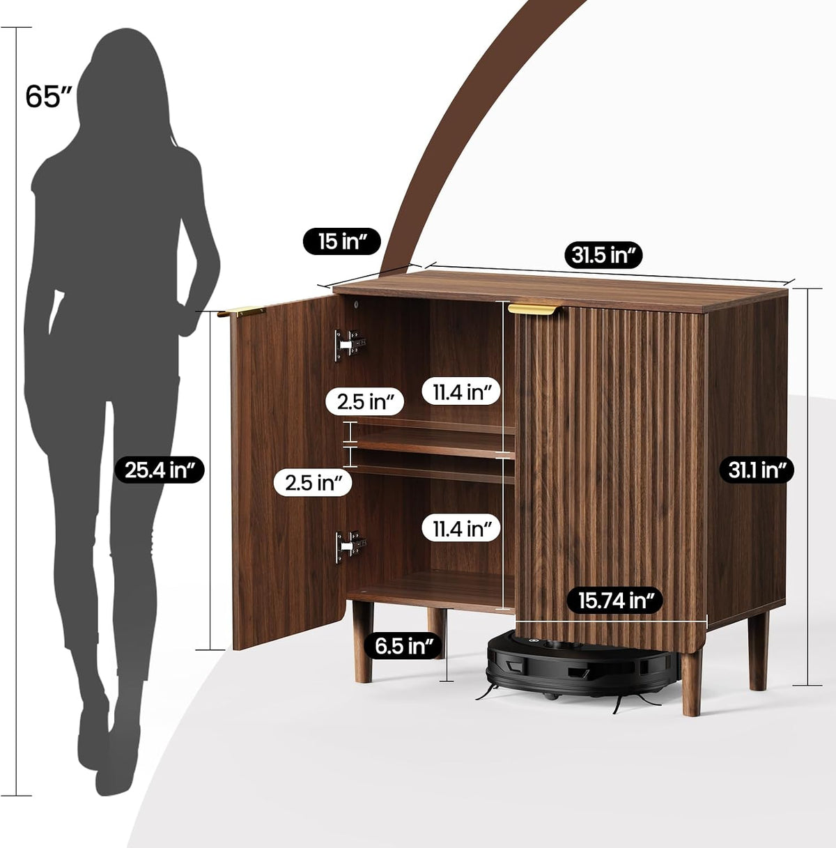 Diagram-style view of the sideboard with an open door showing labeled interior shelf dimensions and overall measurements