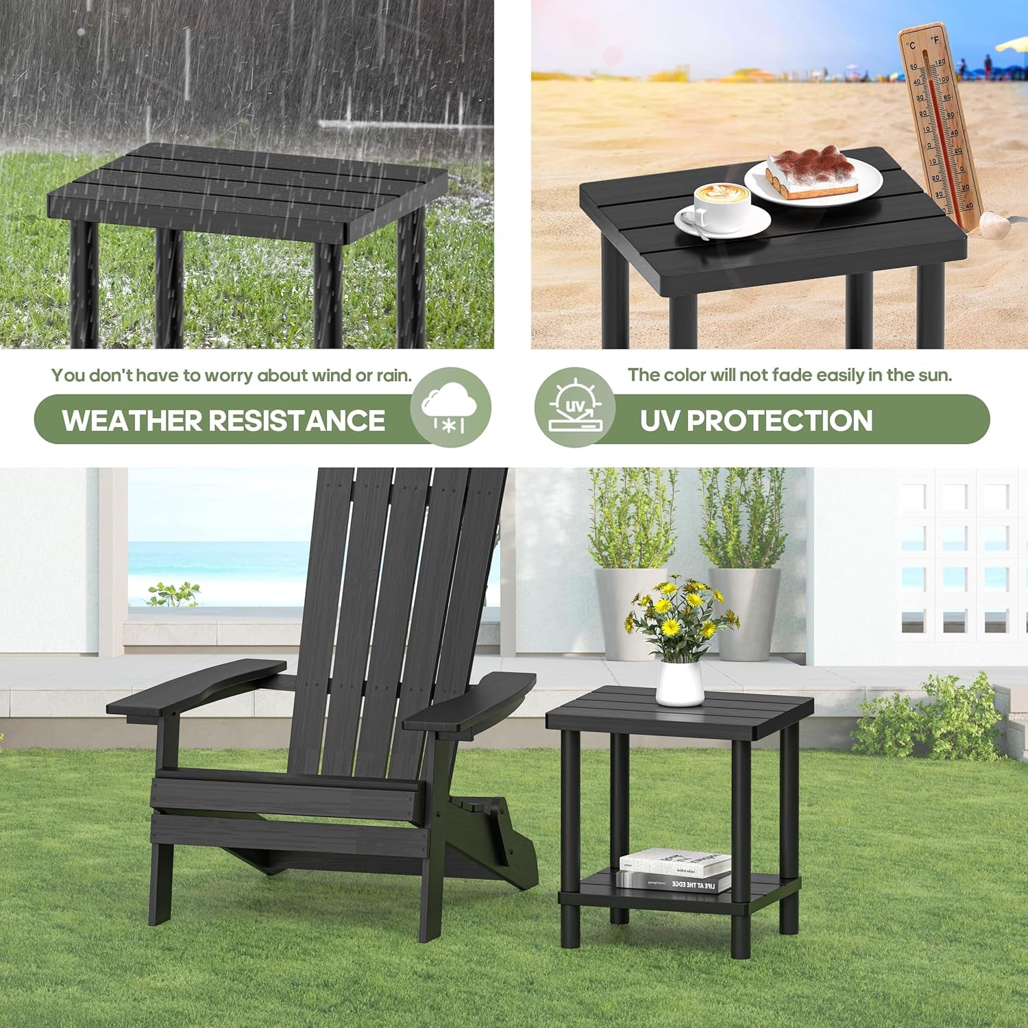 Outdoor lawn scene with a black bamboo side table next to an Adirondack chair holding a small vase on top