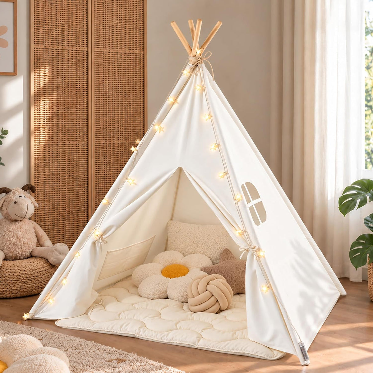 Cream-colored canvas teepee in a cozy room with star string lights and plush cushions inside.