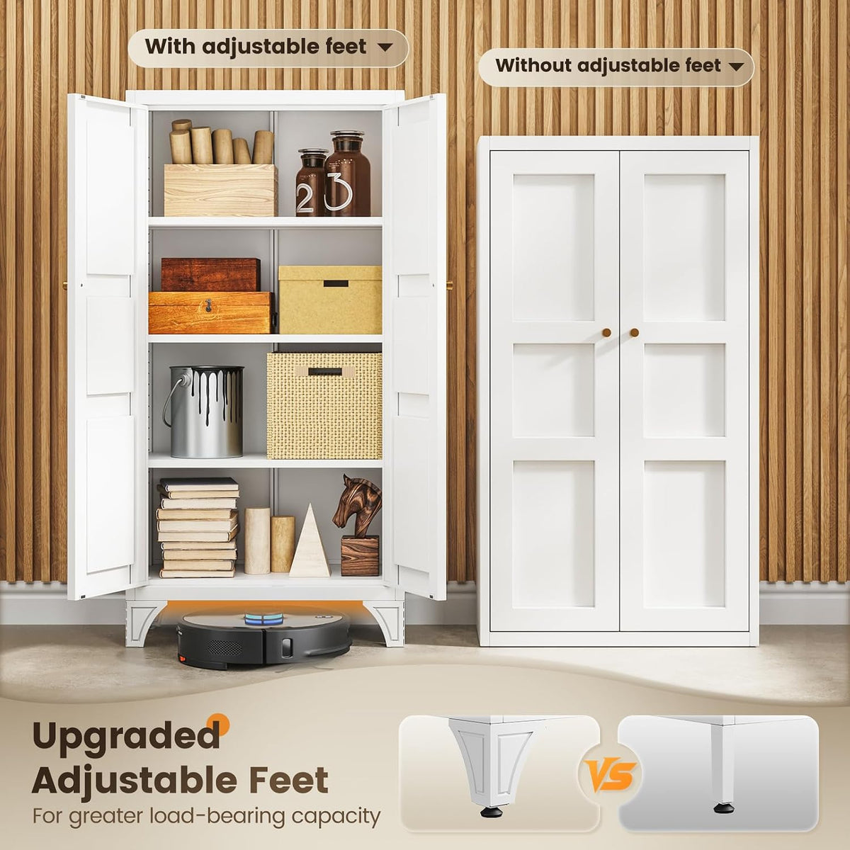 Open white cabinet with adjustable decorative feet beside a closed cabinet and a robot vacuum below.